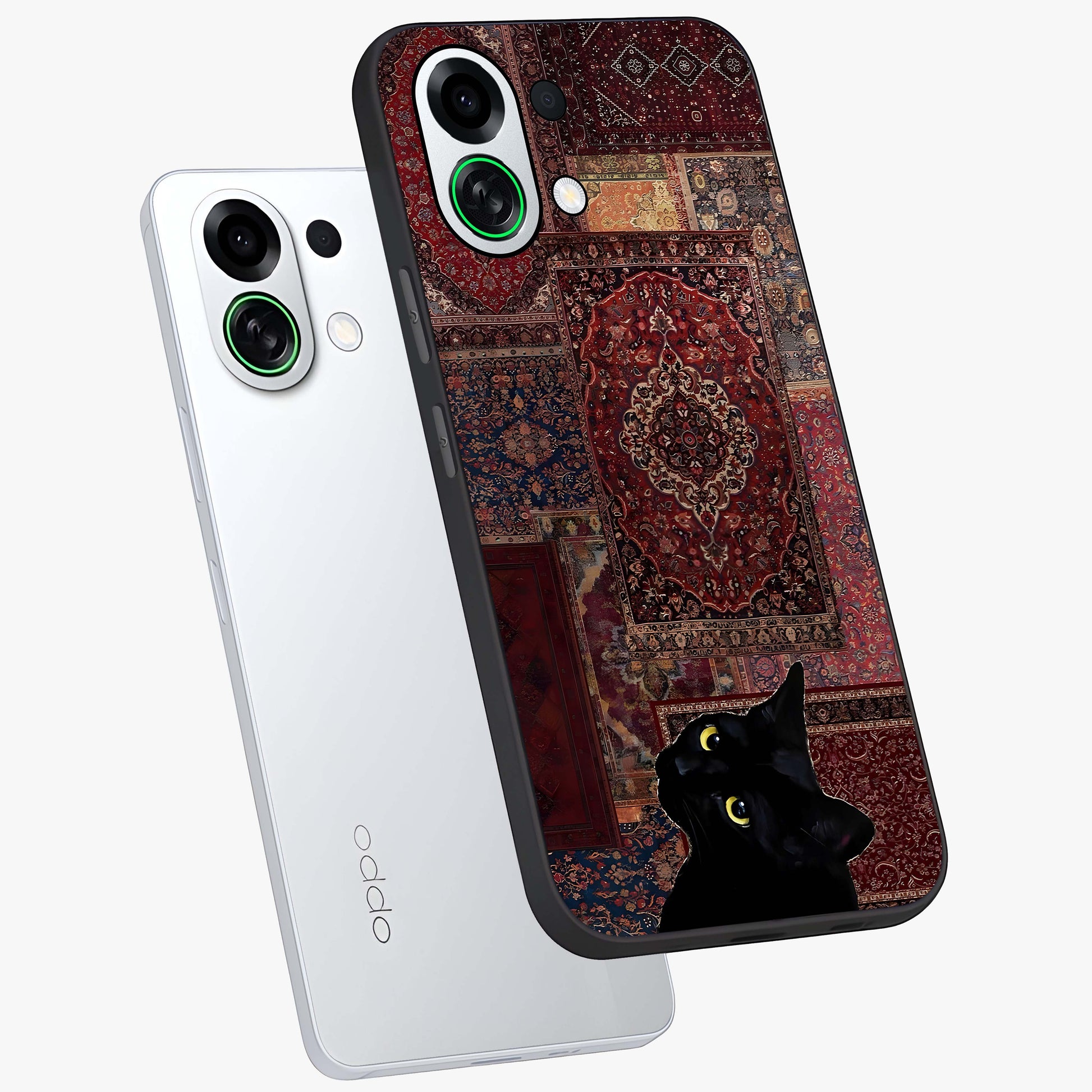 Regal Magic Cat Apple Glass Case displayed in angled mockup highlighting whimsical feline design with fantasy aesthetic.