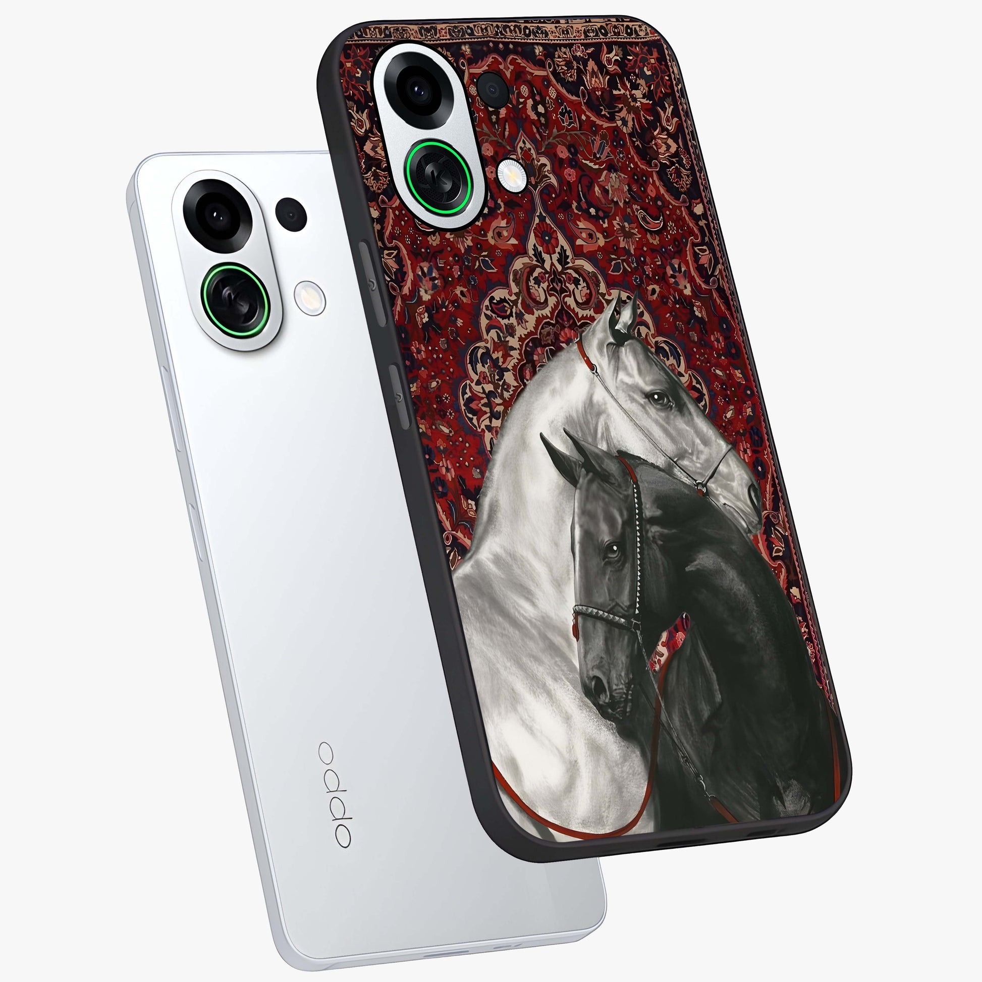 Regal Stallion Tapestry Glass Case displayed in angled mockup highlighting royal stallion design with decorative heritage aesthetic.