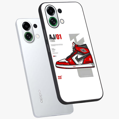 Retro Sneaker Blueprint Glass Case displayed in angled mockup highlighting detailed shoe design with sporty retro aesthetic.
