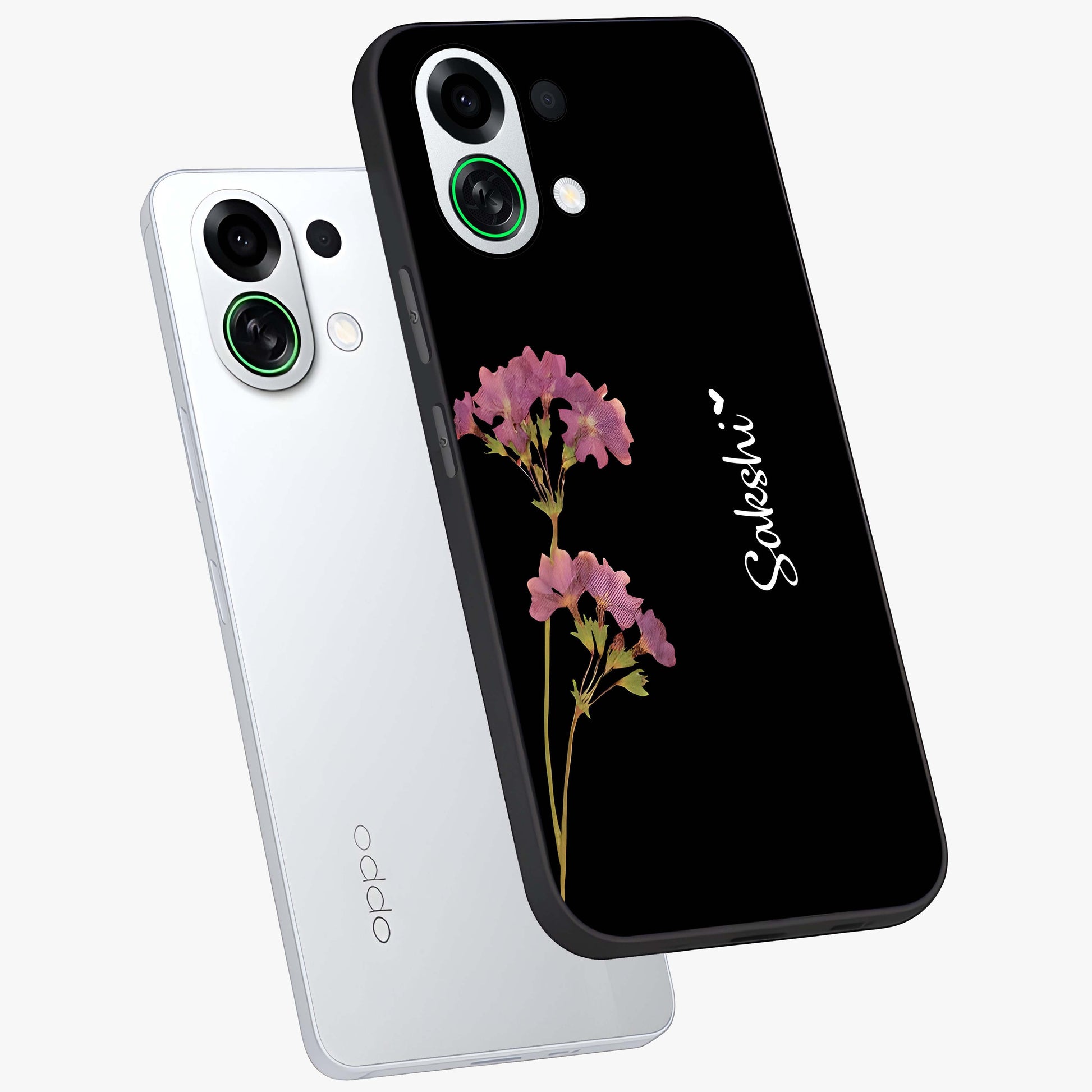 Riching Lavender Flower Custom Name Glass Case displayed in angled mockup highlighting delicate lavender flower design with custom name feature.