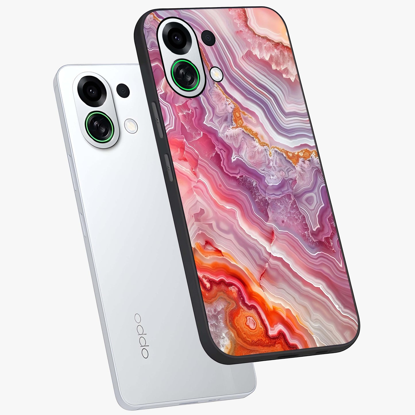 Rose Quartz Marble Glass Case displayed in angled mockup highlighting elegant marble pattern with soft aesthetic style.