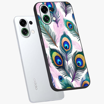 Royal Peacock Feathers Glass Case displayed in angled mockup highlighting vibrant feather pattern with regal aesthetic style.