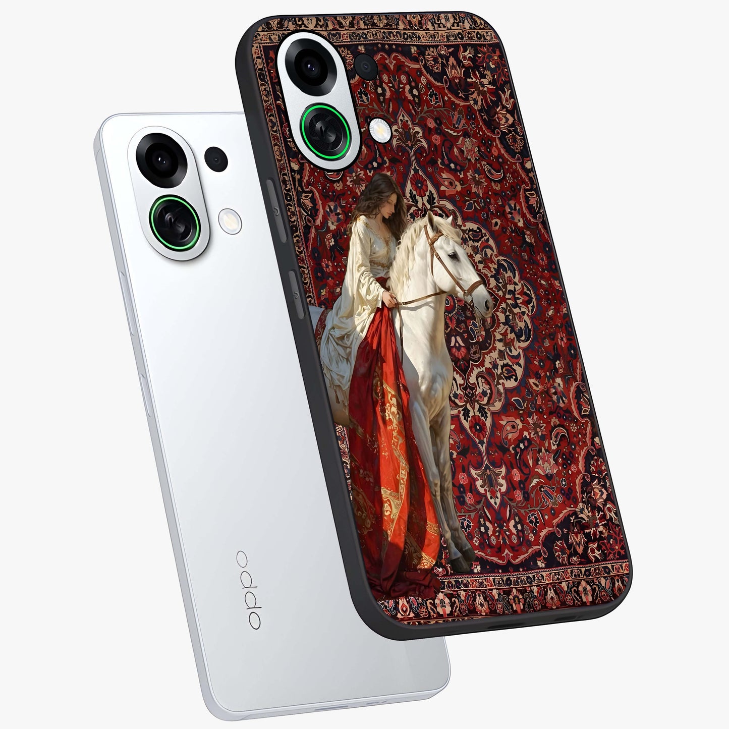 Royal Rider Tapestry Glass Case displayed in angled mockup highlighting traditional tapestry design with royal heritage aesthetic.