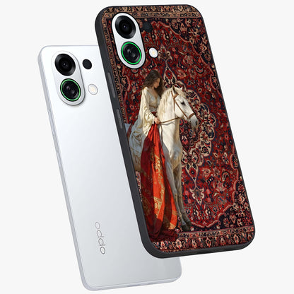 Royal Rider Tapestry Glass Case displayed in angled mockup highlighting traditional tapestry design with royal heritage aesthetic.
