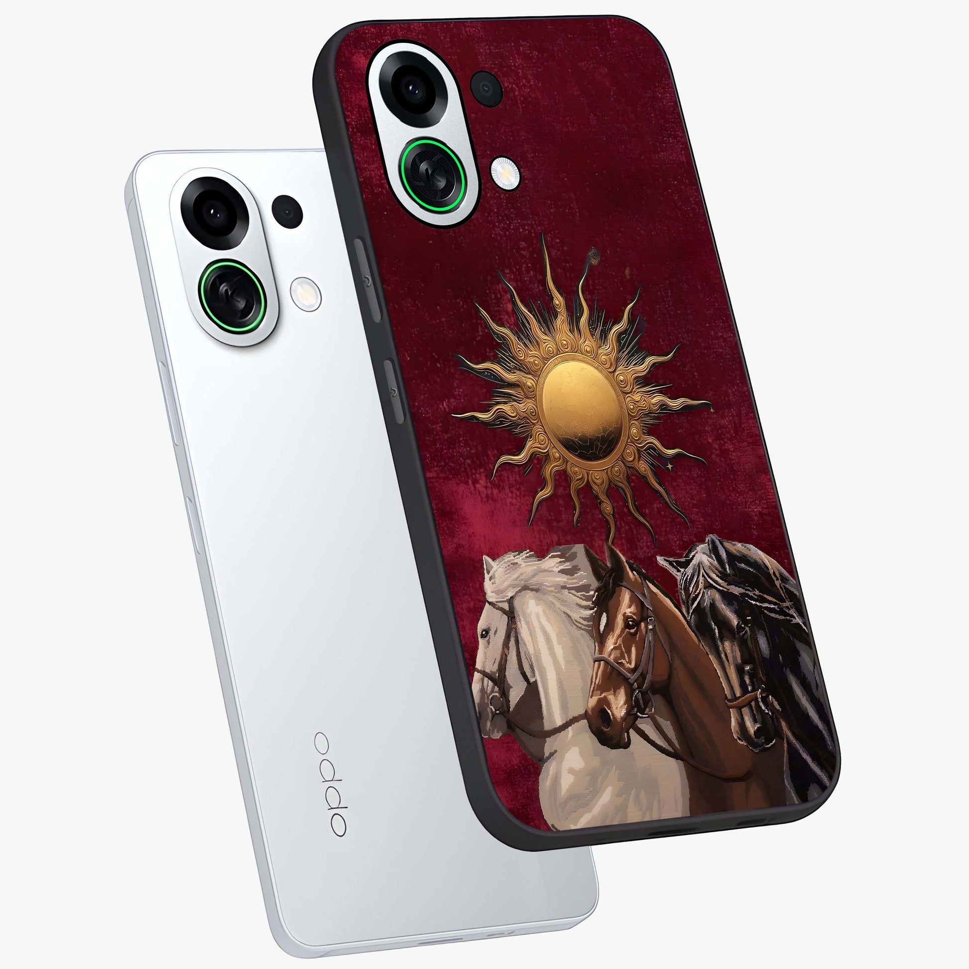 Solar Riders Glass Case displayed in angled mockup highlighting powerful rider illustration with radiant solar aesthetic.
