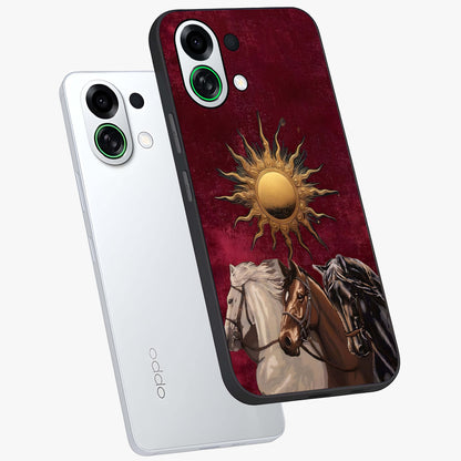 Solar Riders Glass Case displayed in angled mockup highlighting powerful rider illustration with radiant solar aesthetic.
