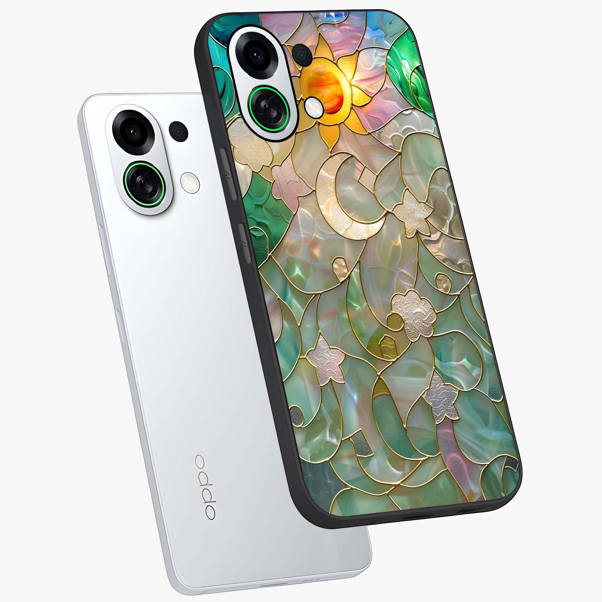 Stained Sunrise Glow Glass Case displayed in angled mockup highlighting radiant sunrise design with artistic aesthetic style.