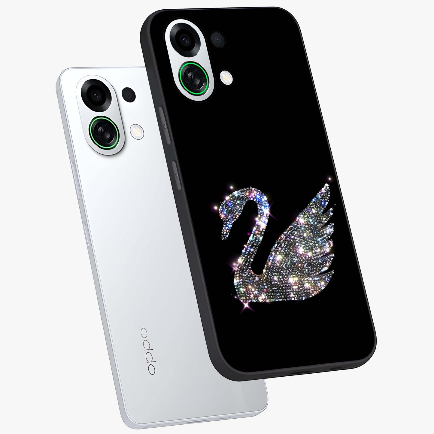 Starlit Swan Grace Glass Case displayed in angled mockup highlighting elegant swan illustration with dreamy celestial aesthetic.