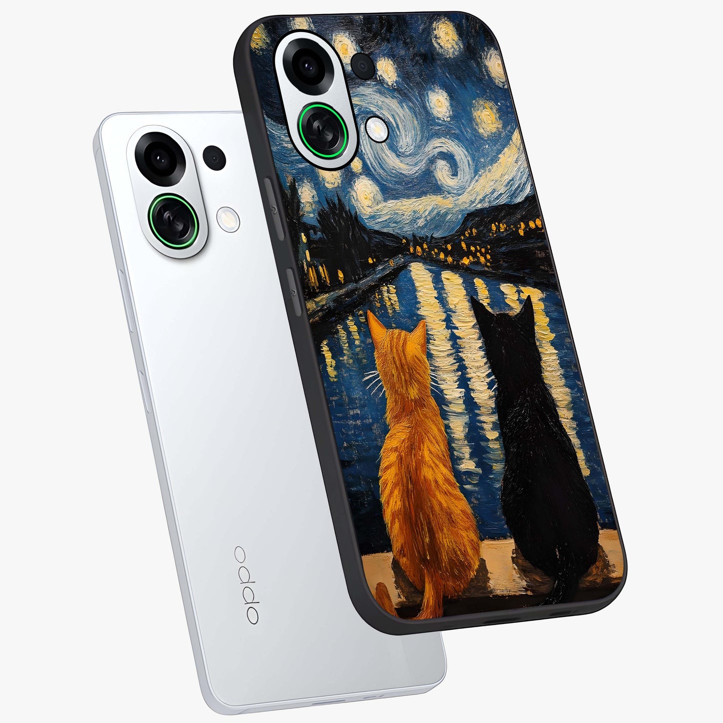 Starry River Cats Glass Case displayed in angled mockup highlighting charming feline illustration with dreamy night aesthetic.