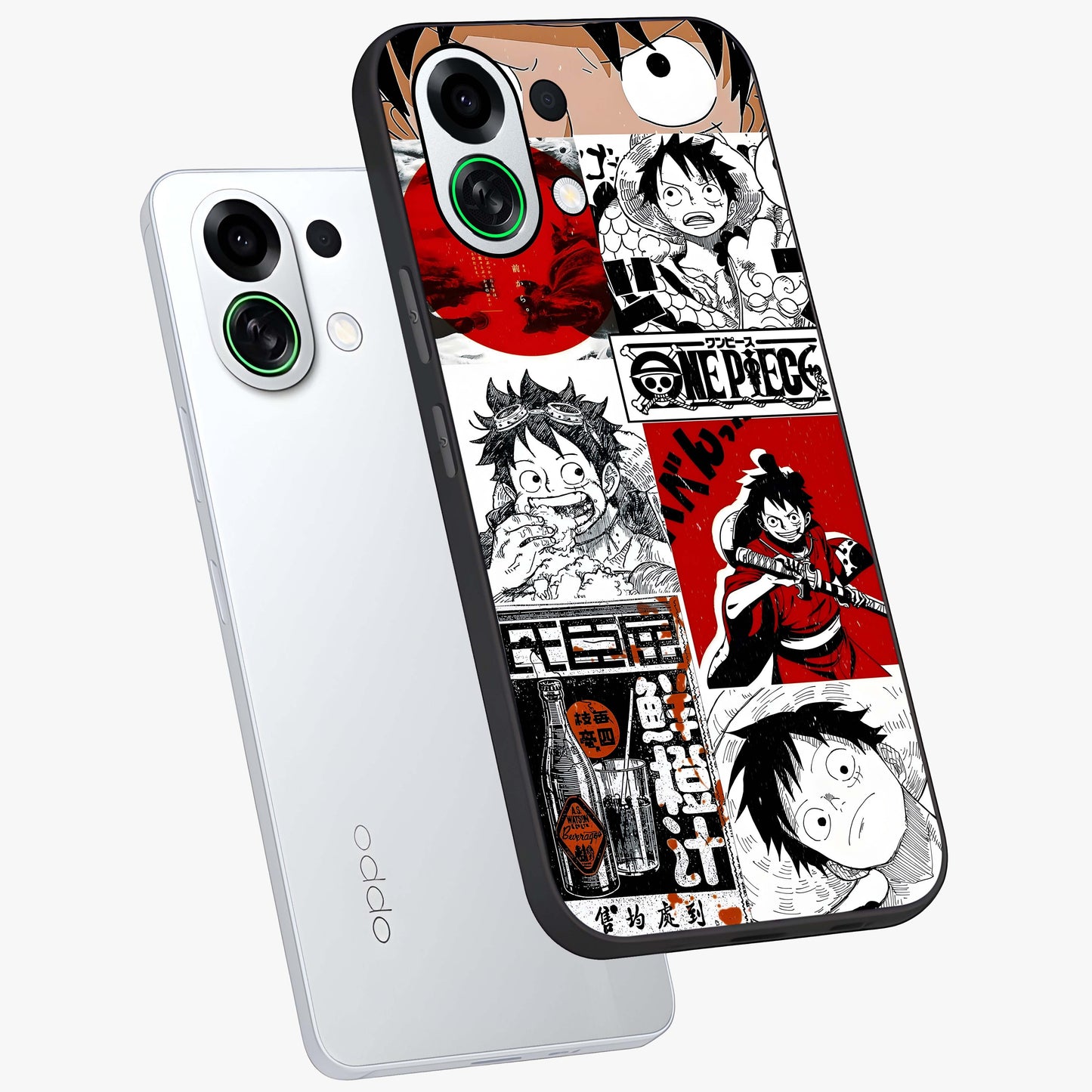Strawhat Chaos Panels Glass Case displayed in angled mockup highlighting vibrant anime collage design with action aesthetic.