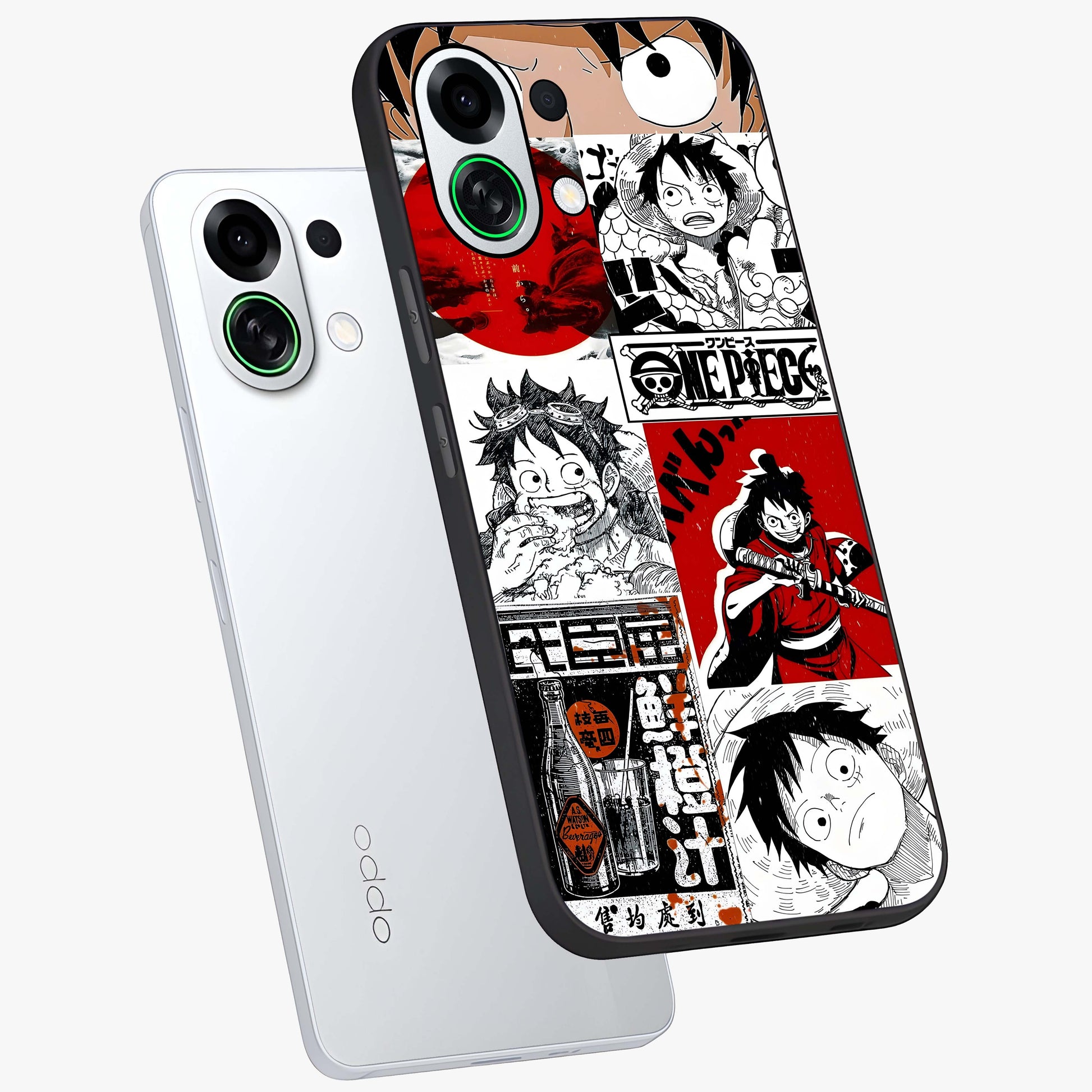 Strawhat Chaos Panels Glass Case displayed in angled mockup highlighting vibrant anime collage design with action aesthetic.