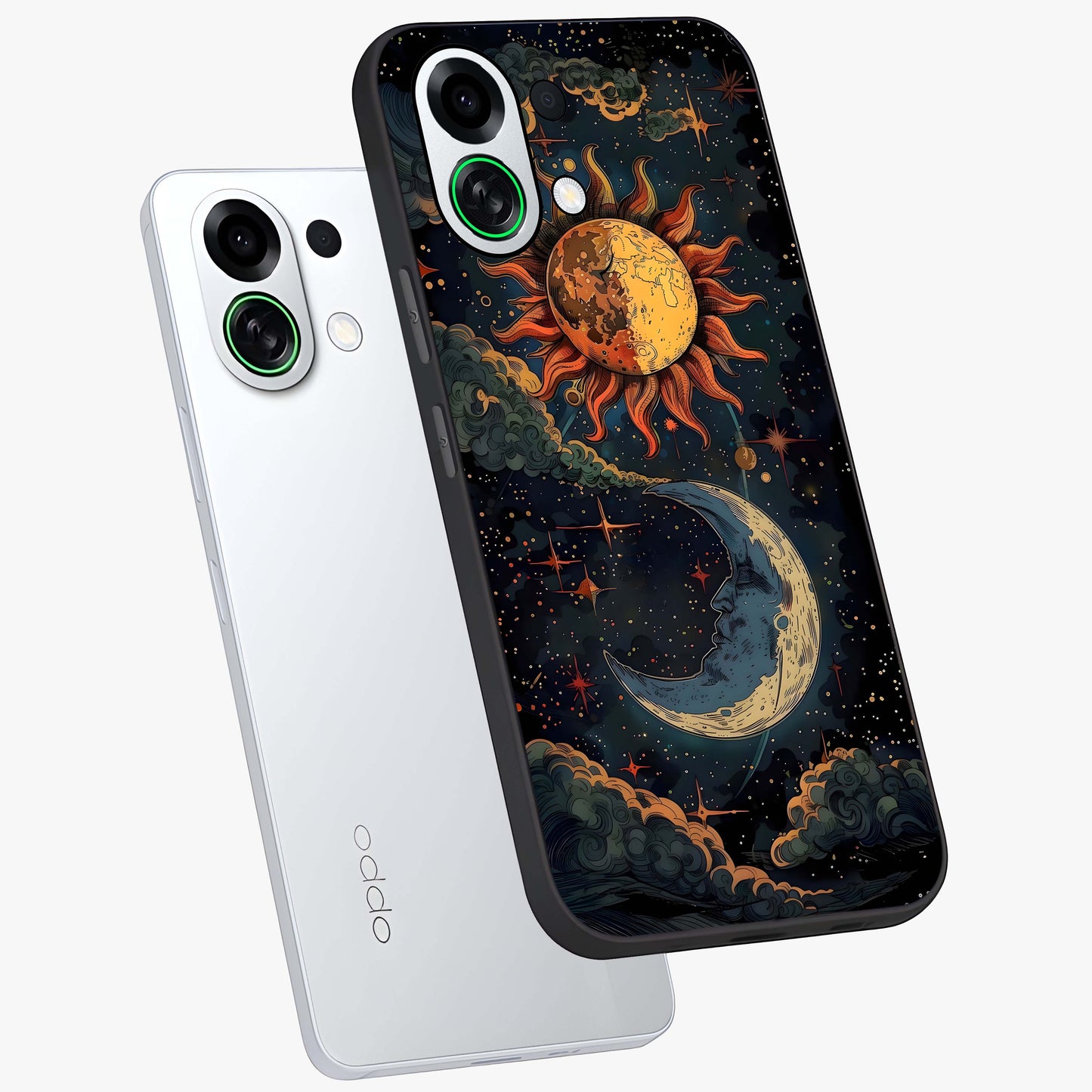 Sun And Moon Magic Design Glass Case displayed in angled mockup highlighting celestial design with magical cosmic aesthetic.