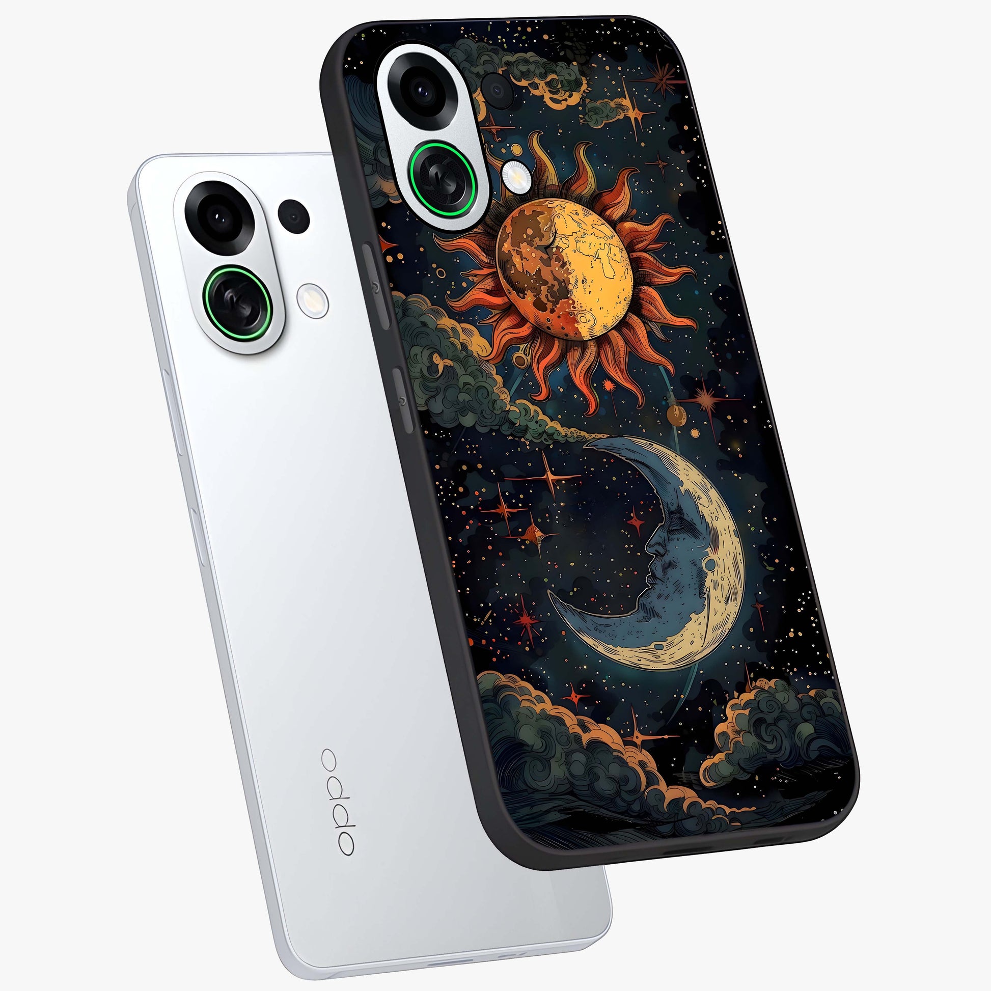 Sun And Moon Magic Design Glass Case displayed in angled mockup highlighting celestial design with magical cosmic aesthetic.