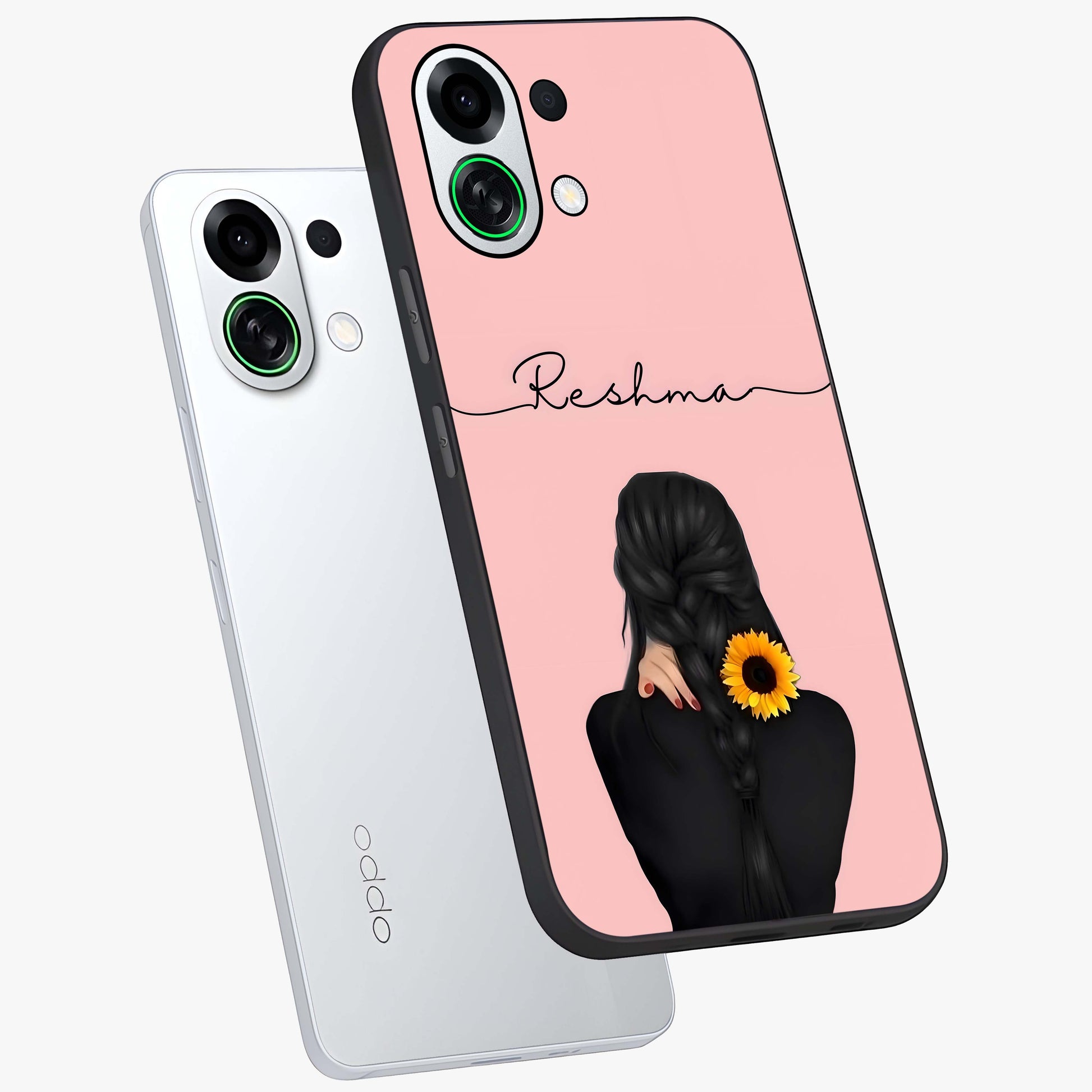 Sunflower Braid Beauty With Custom Name Glass Case displayed in angled mockup highlighting elegant sunflower design with custom name feature.