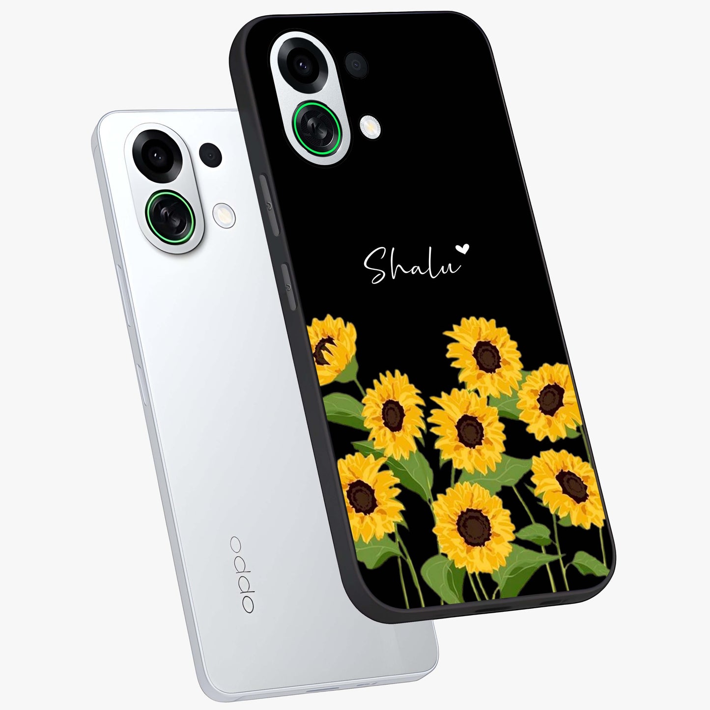 Sunflower Chic Mood Custom Name Glass Case displayed in angled mockup highlighting vibrant sunflower design with custom name feature.