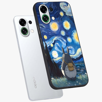 Totoro In Van Gogh Art Glass Case displayed in angled mockup highlighting artistic swirling sky design with playful animation aesthetic.