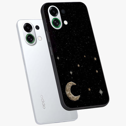 Twinkle Star With Half Moon Glass Case displayed in angled mockup highlighting celestial moon and star design with magical aesthetic.