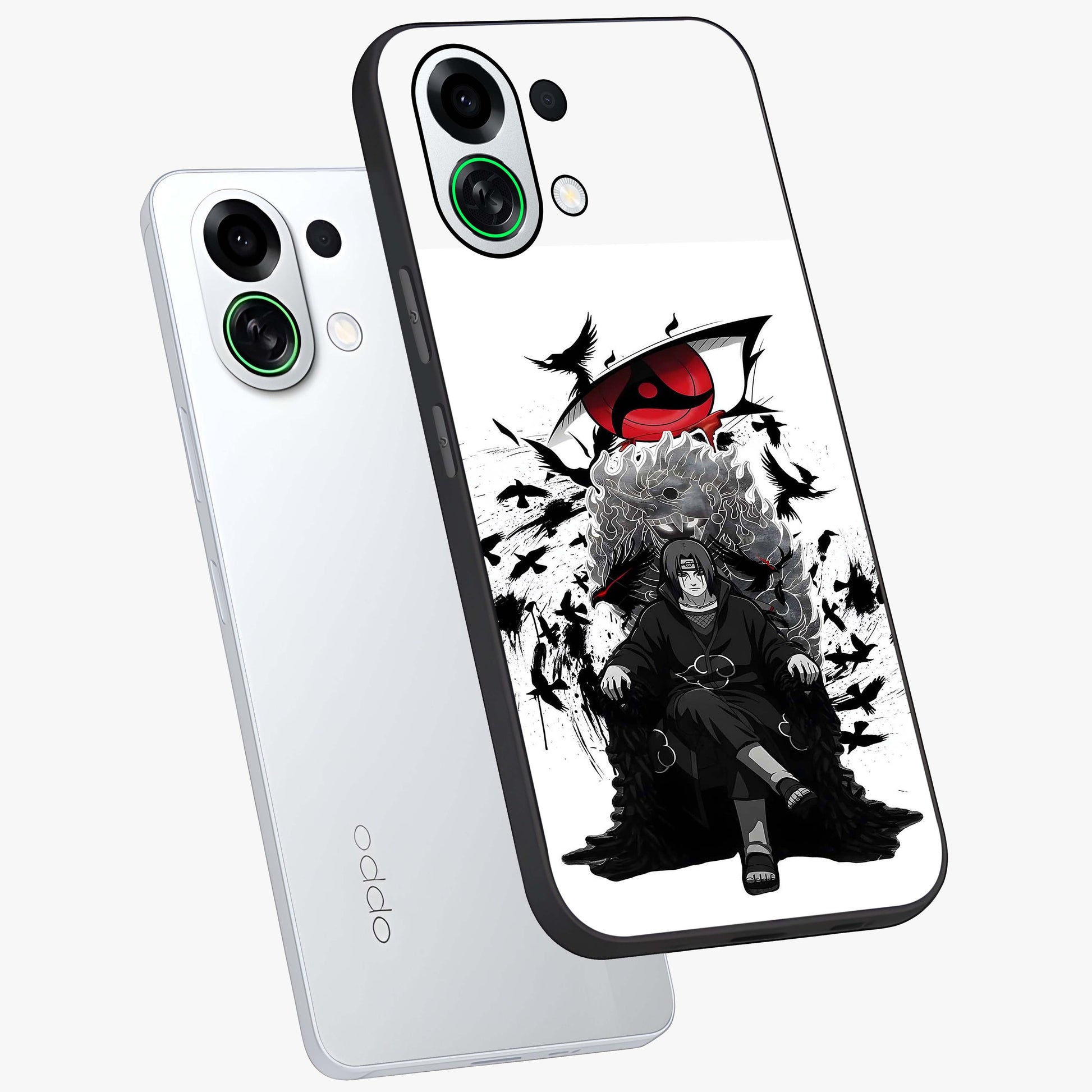 Uchiha Shadow Throne Glass Case displayed in angled mockup highlighting glowing aquatic design with celestial aesthetic.
