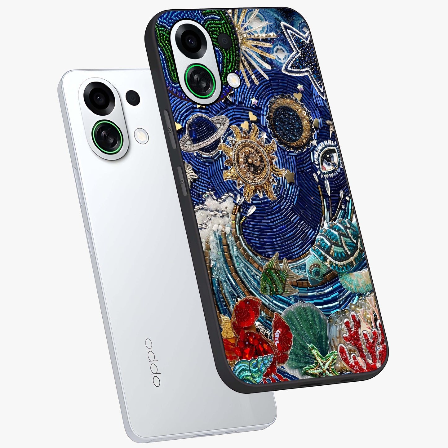 Universe Underwater Spark Glass Case displayed in angled mockup highlighting glowing aquatic design with celestial aesthetic.