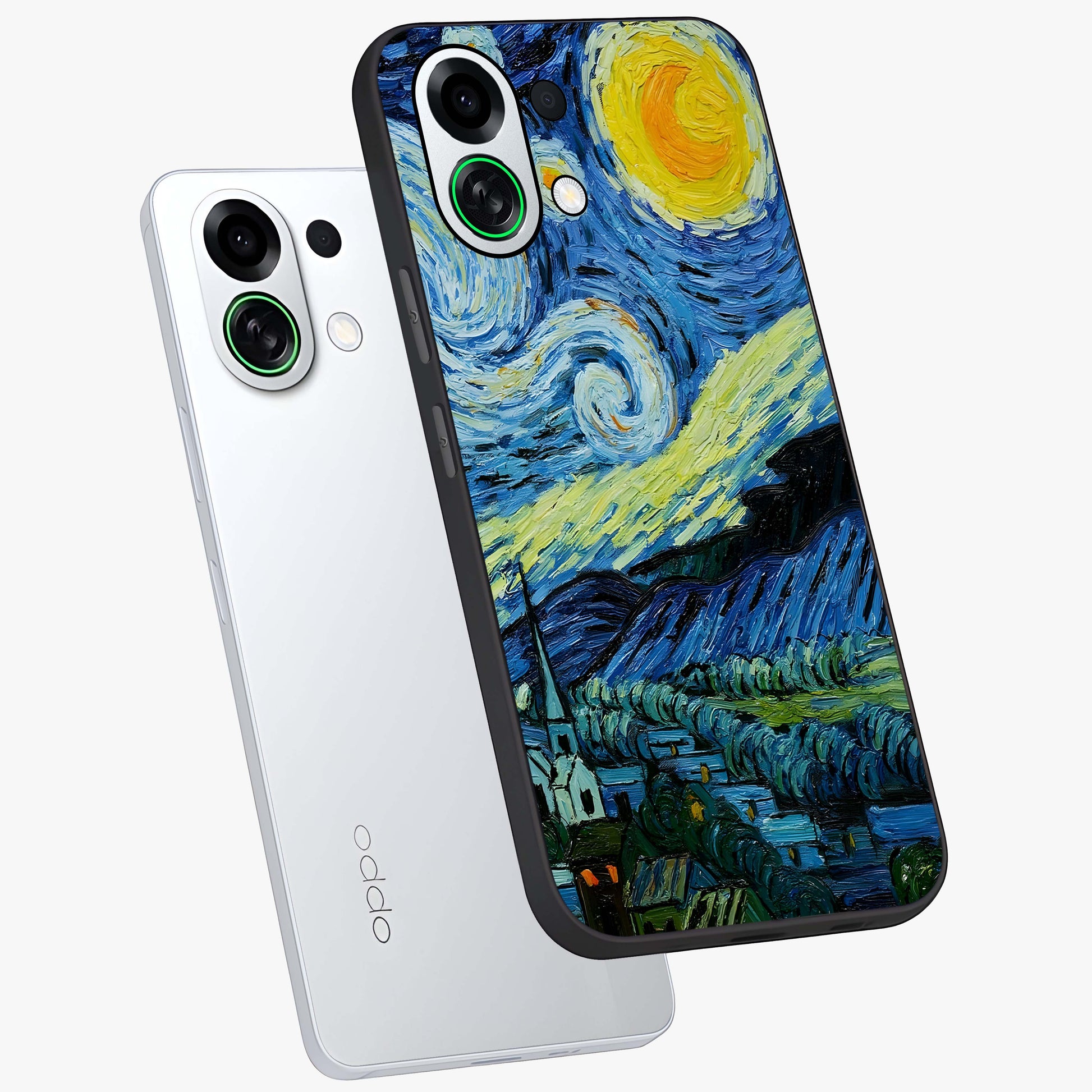 Van Gogh Art Glass Case displayed in angled mockup highlighting swirling brushstroke design with artistic aesthetic.