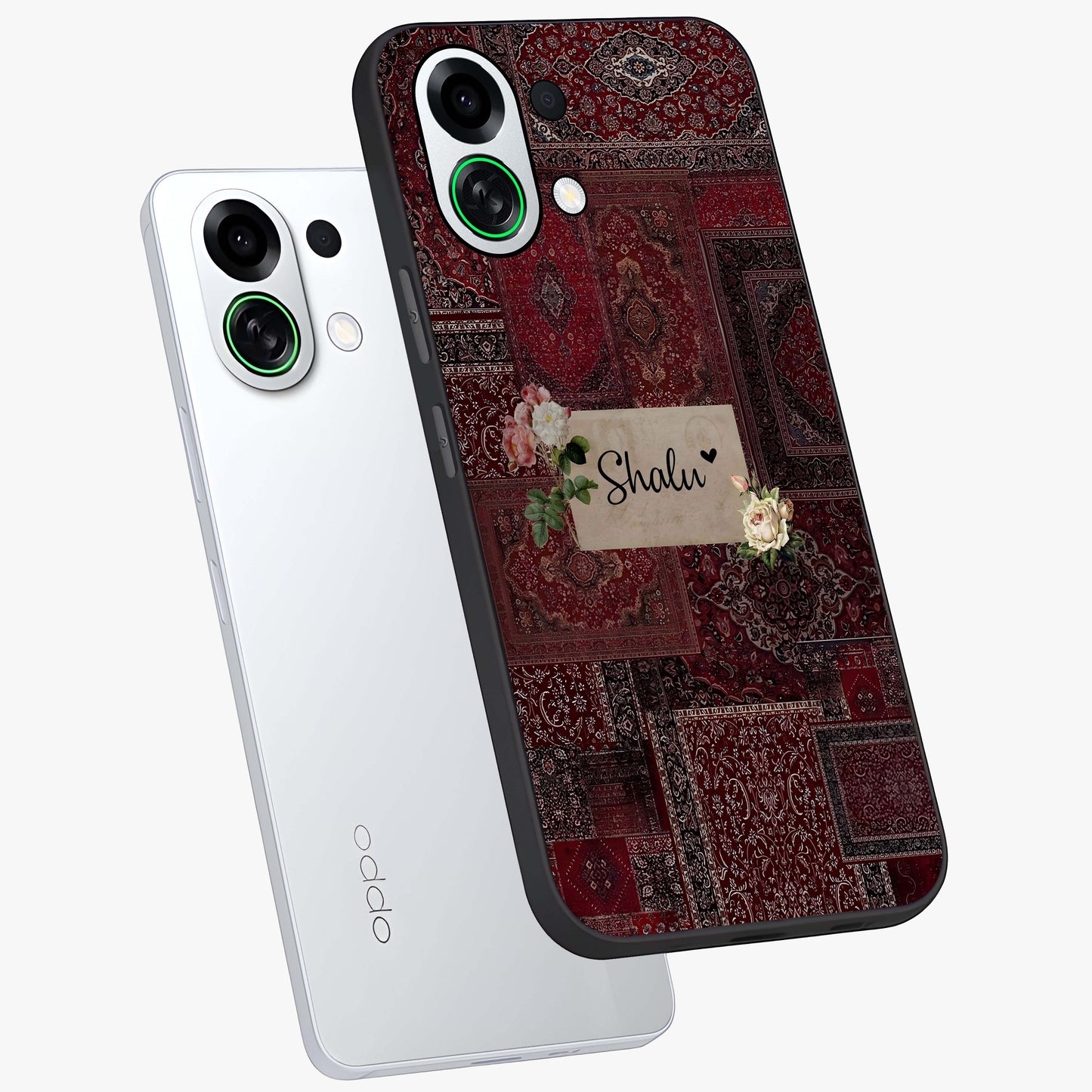 Velvet Wine Pattern Custom Name Glass Case displayed in angled mockup highlighting decorative velvet inspired design with custom name feature.