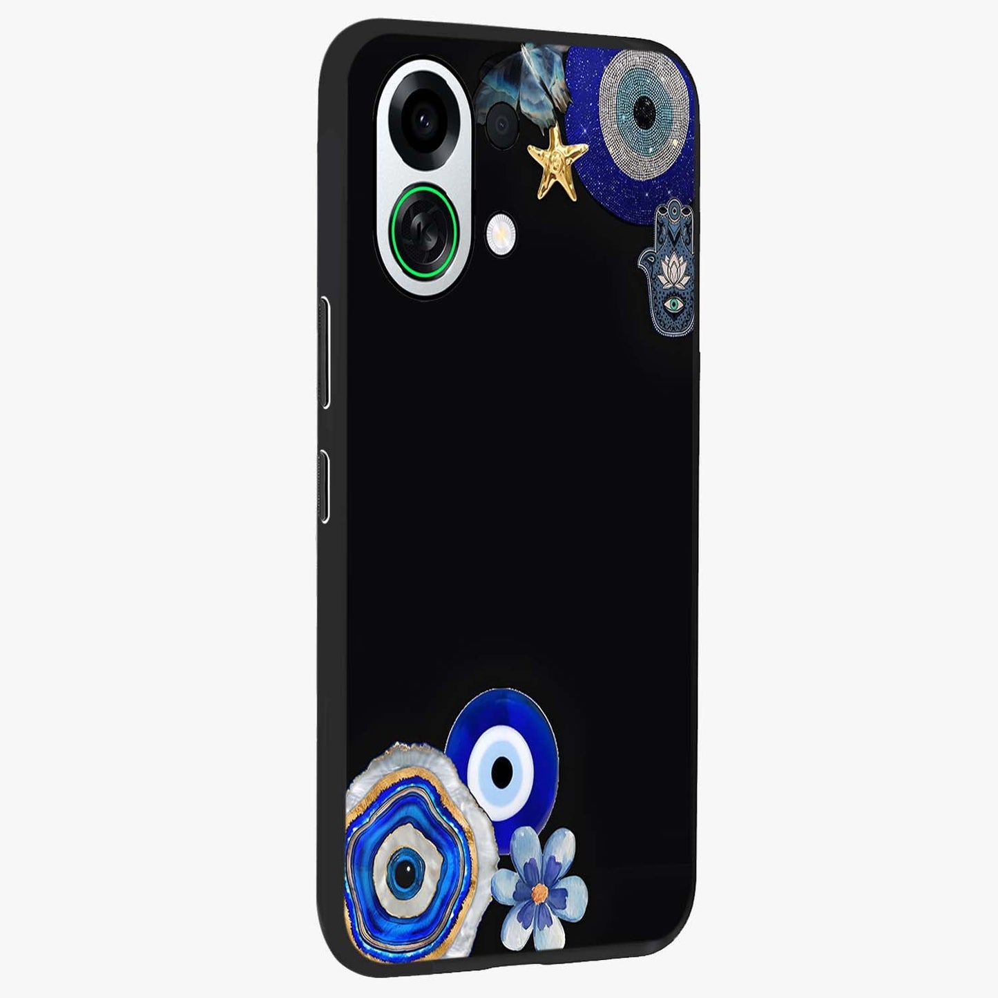Aesthetic Blue Evil Eye Glass Case upright view showcasing mystical evil eye graphic with minimal aesthetic style.