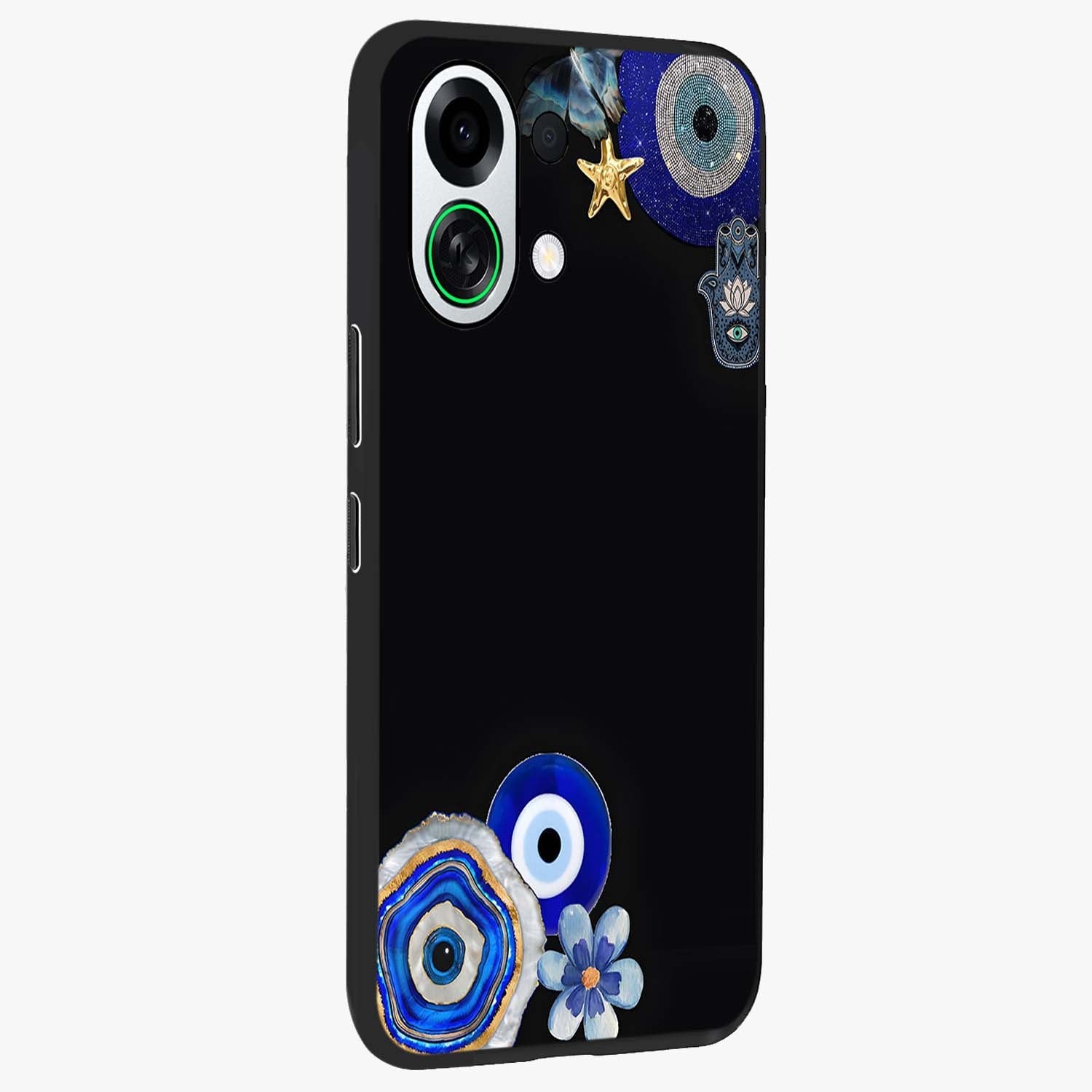 Aesthetic Blue Evil Eye Glass Case upright view showcasing mystical evil eye graphic with minimal aesthetic style.