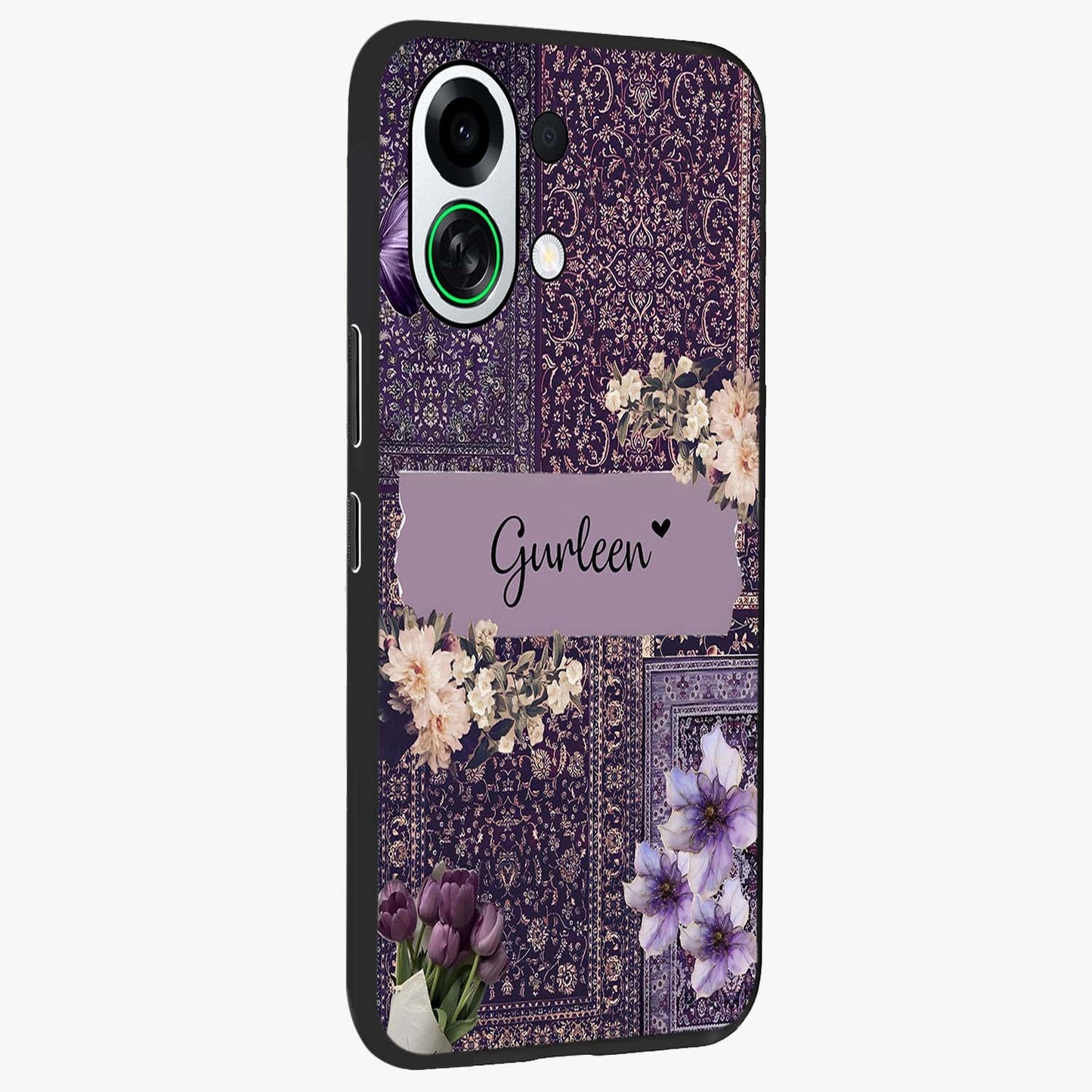 Antique Floral Whisper Custom Name Glass Case upright view showcasing delicate floral artwork with custom name feature.