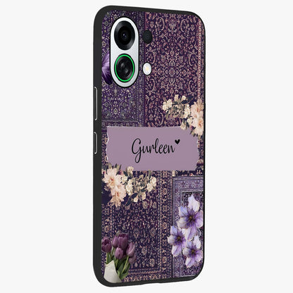 Antique Floral Whisper Custom Name Glass Case upright view showcasing delicate floral artwork with custom name feature.