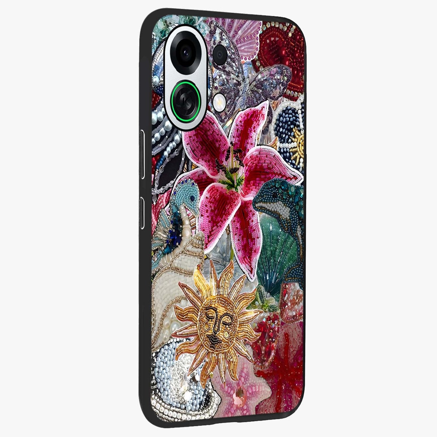 Beaded Garden Fantasy Glass Case upright view showcasing whimsical garden aesthetic with artistic bead details.