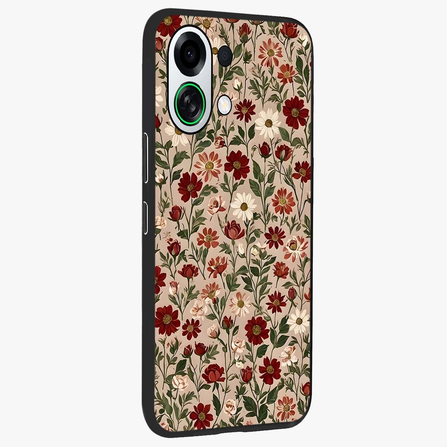 Biege Flower With Leaf Glass Case upright view showcasing delicate beige flower illustration with clean botanical style.