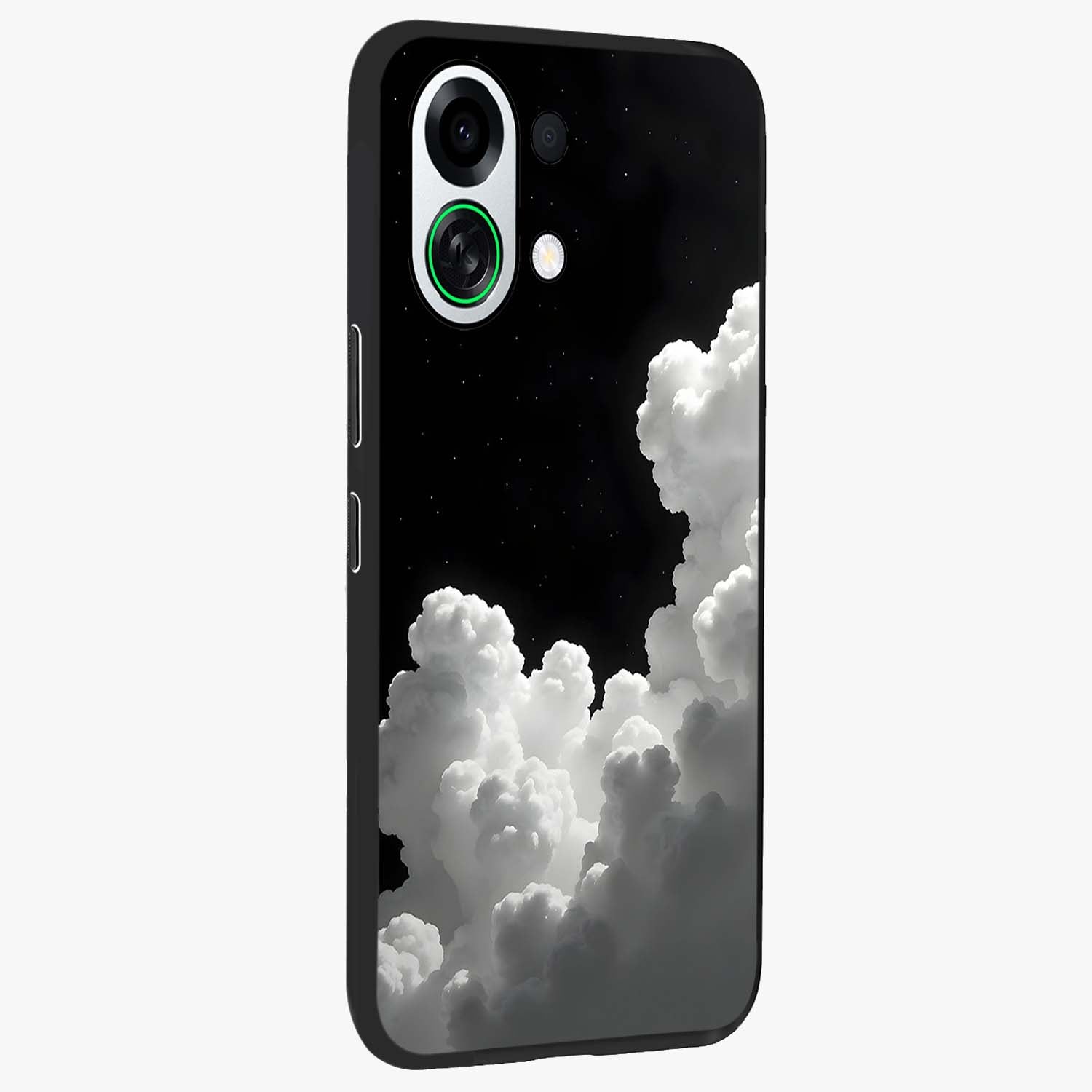 Black Background With White Cloud Glass Case upright view showcasing calm cloud aesthetic with modern minimal style.