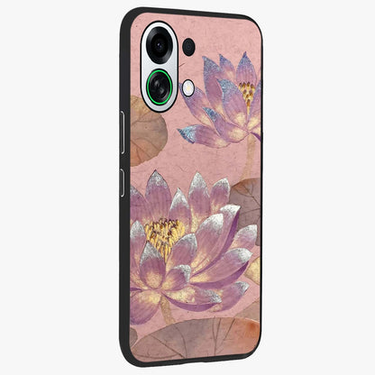 Blossom Mist Lotus Glass Case upright view showcasing graceful lotus flower design with peaceful botanical style.