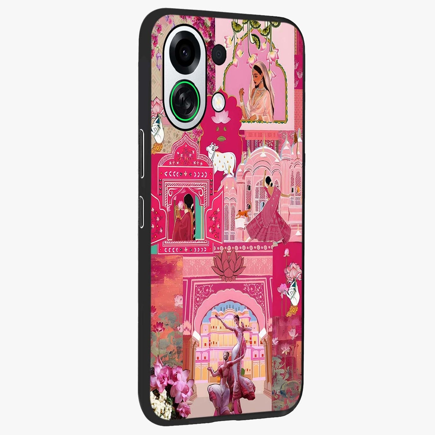 Blossoms of Rajasthan Glass Case upright view showcasing colorful floral design inspired by traditional Indian art.