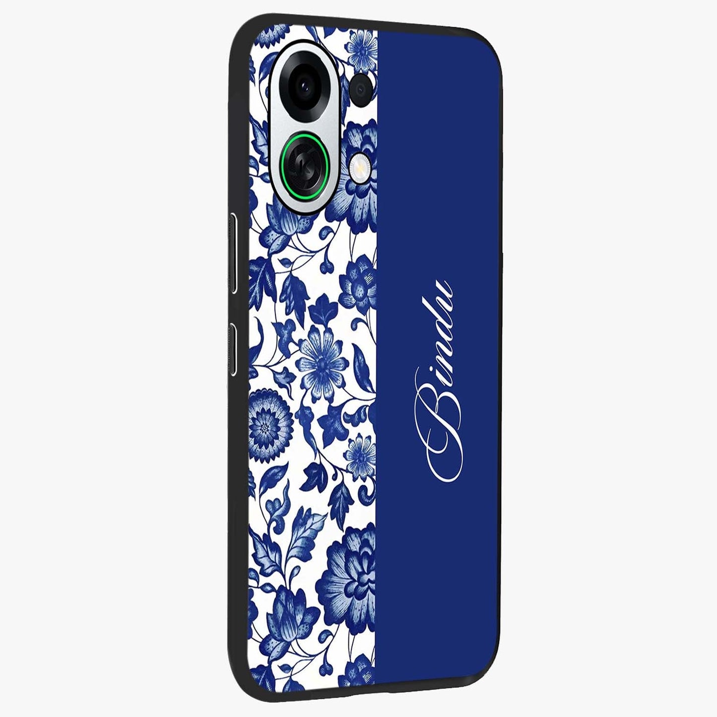 Blue Vintage Floral Pattern Glass Case upright view showcasing delicate blush floral texture with modern minimal style.