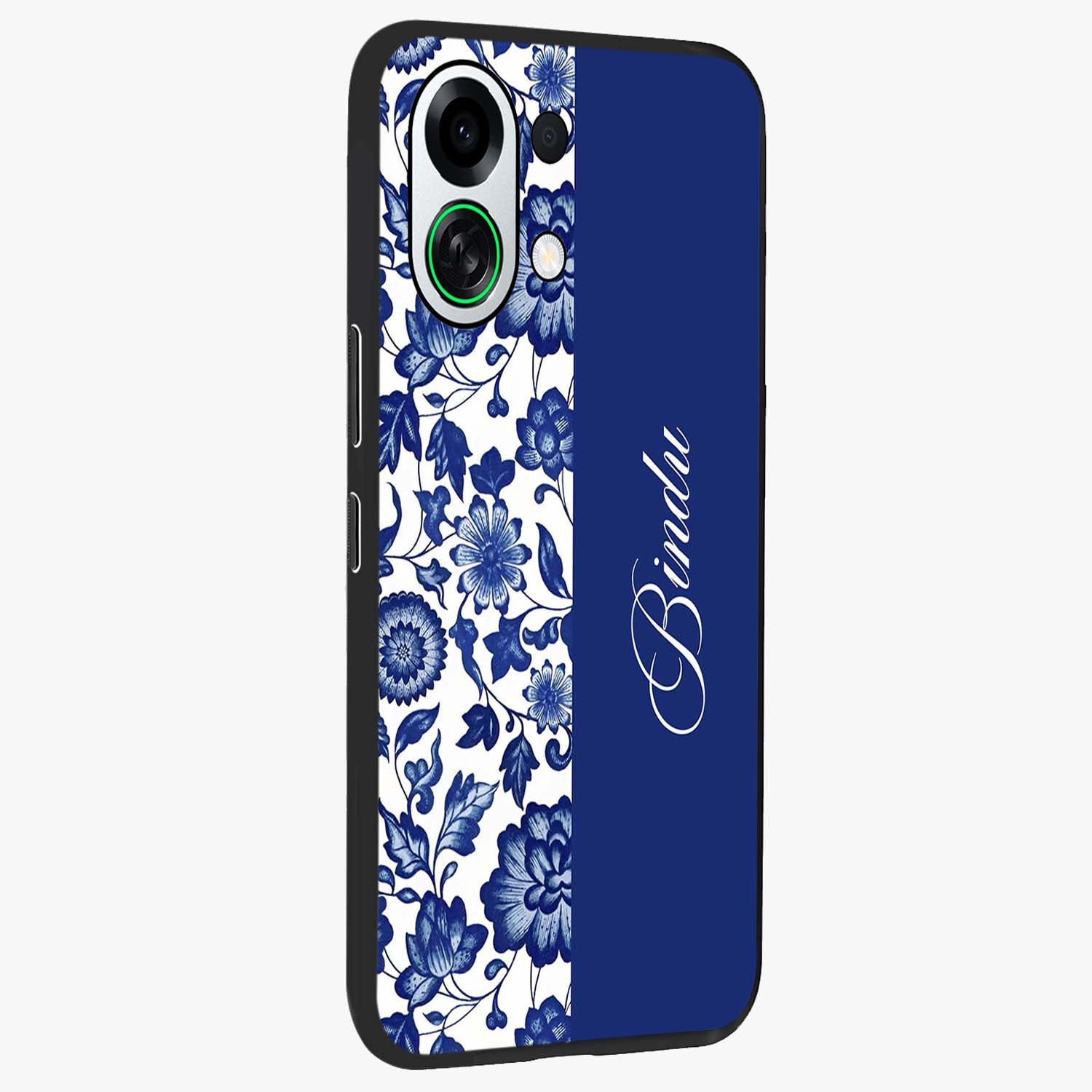 Blue Vintage Floral Pattern Glass Case upright view showcasing delicate blush floral texture with modern minimal style.