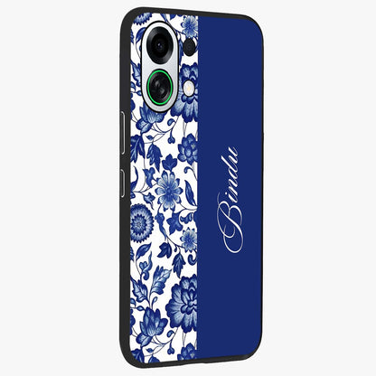 Blue Vintage Floral Pattern Glass Case upright view showcasing delicate blush floral texture with modern minimal style.