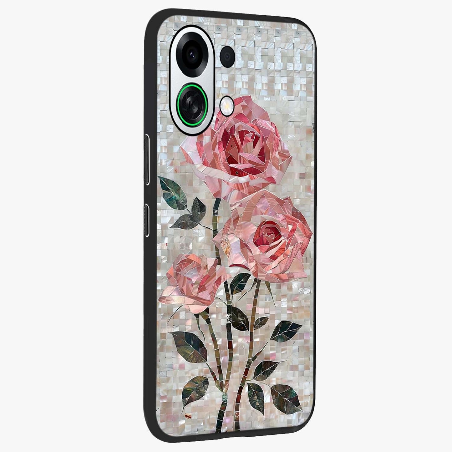 Blush Mosaic Bloom Glass Case upright view showcasing decorative floral mosaic artwork with stylish modern aesthetic.