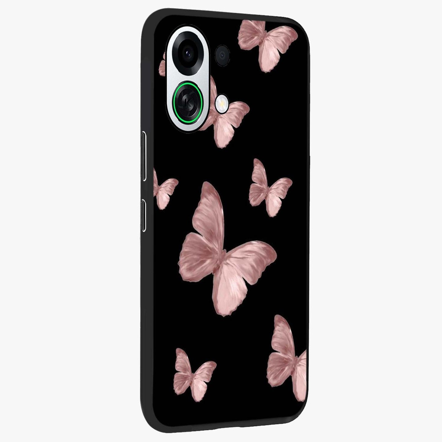 Butterfly Pattern Glass Case upright view showcasing graceful butterfly artwork with soft decorative theme.