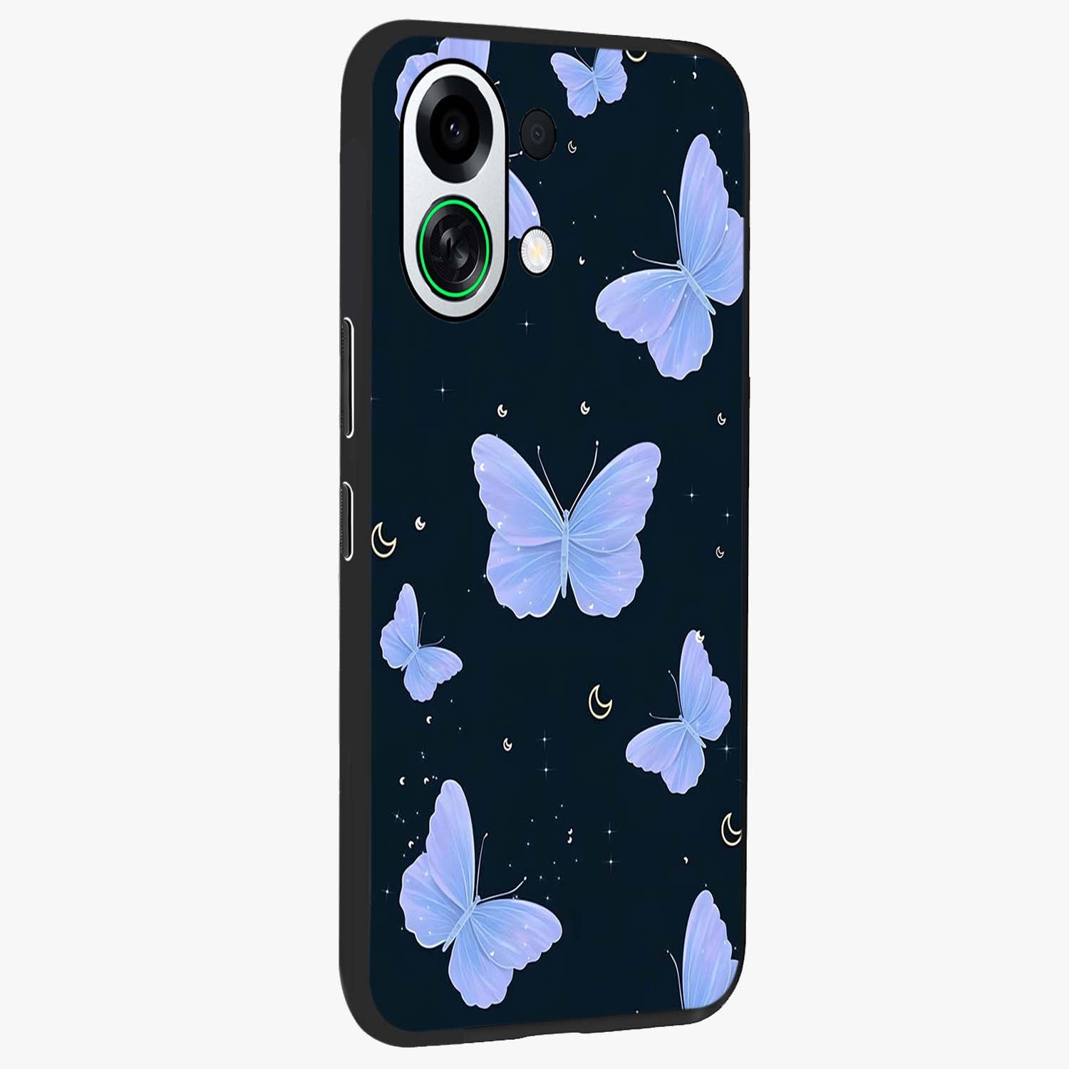 Butterfly With Stars Pattern Glass Case upright view showcasing celestial butterfly artwork with sparkling star elements.