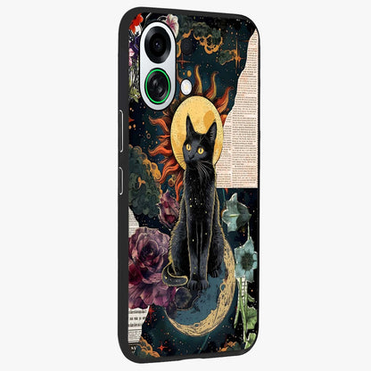 Celestial Black Cat Glass Case upright view showcasing magical black cat illustration with starry cosmic theme.