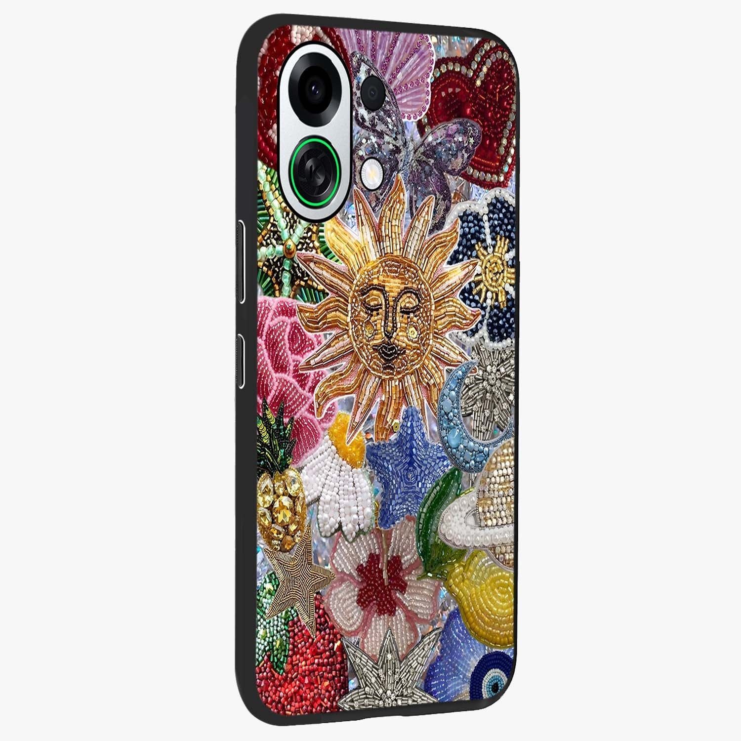 Celestial Floral and Playful Glass Case upright view showcasing whimsical floral artwork with cosmic aesthetic theme.