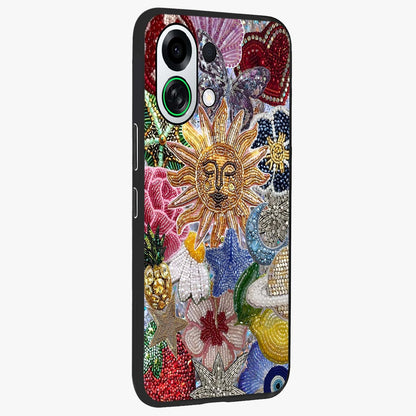 Celestial Floral and Playful Glass Case upright view showcasing whimsical floral artwork with cosmic aesthetic theme.