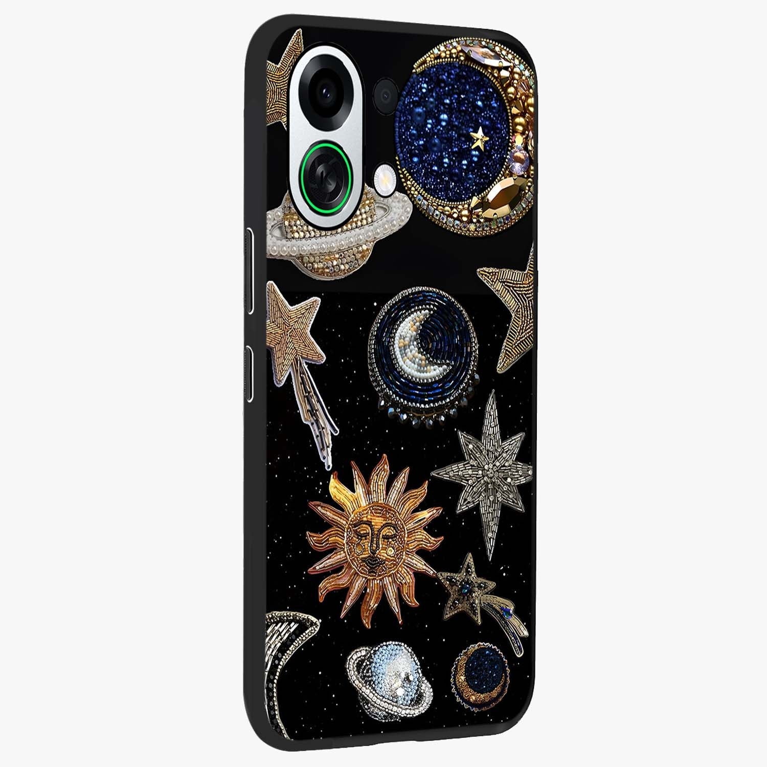 Celestial Gem Constellations Glass Case upright view showcasing cosmic constellation artwork with celestial aesthetic style.