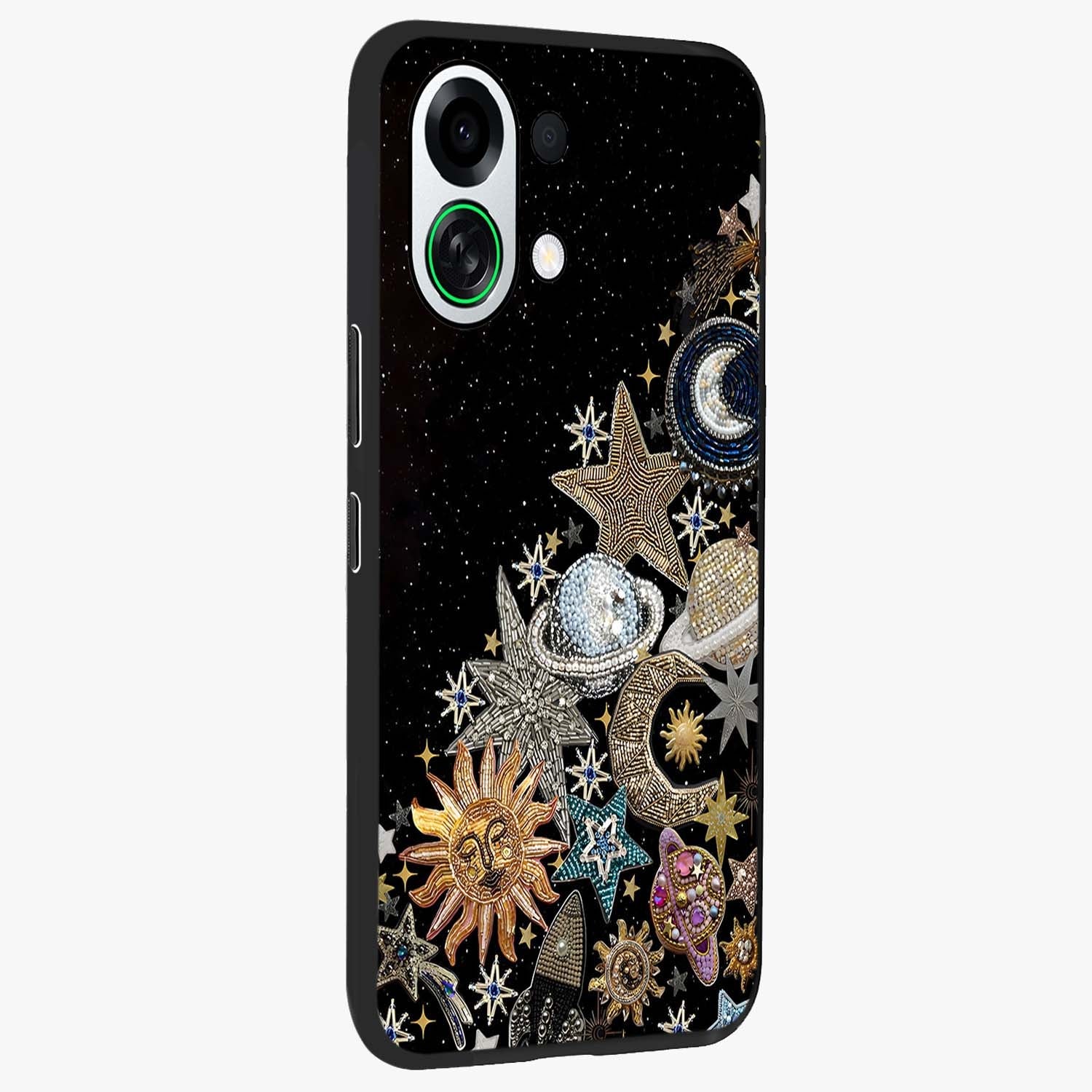 Cosmic Sparkle Dreams Glass Case upright view showcasing glowing cosmic artwork with magical galaxy theme.