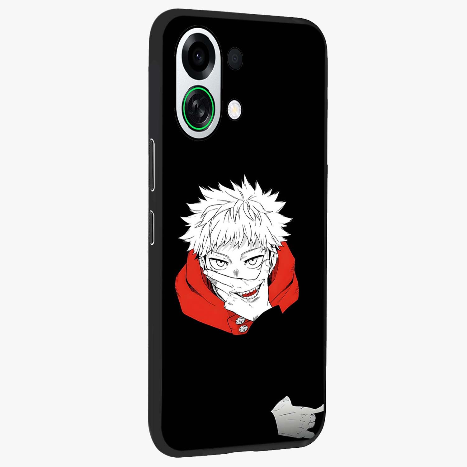 Crimson Chaos Smile Glass Case upright view showcasing expressive chaotic artwork with striking visual theme.