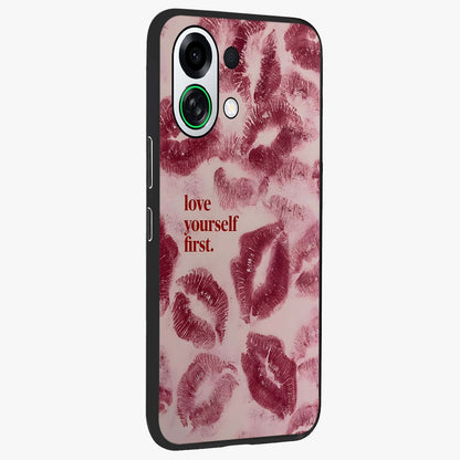 Crimson Kiss Love Glass Case upright view showcasing expressive romantic artwork with deep crimson theme.