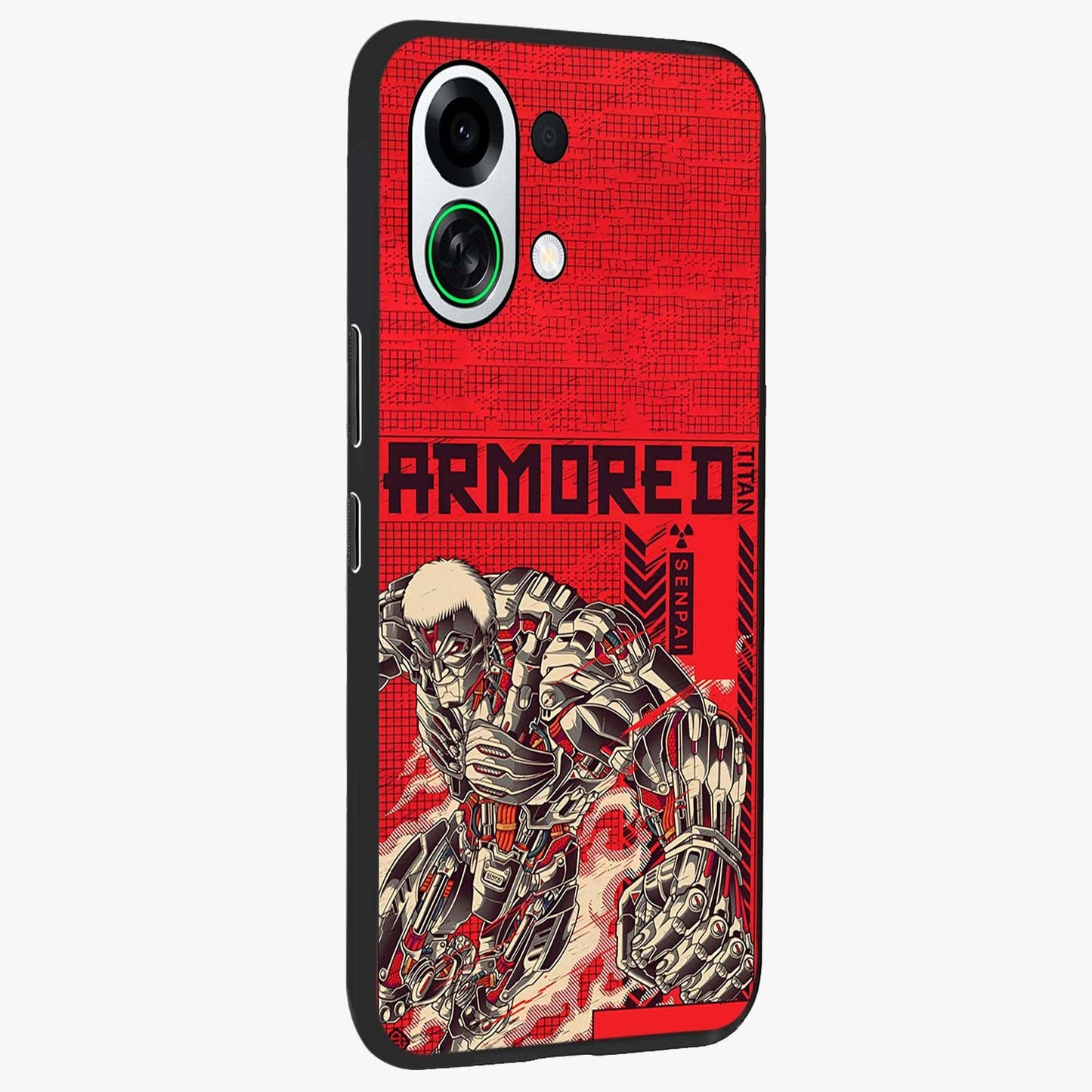 Crimson Mecha Titan Glass Case upright view showcasing dynamic robotic titan design with sci-fi inspired theme.
