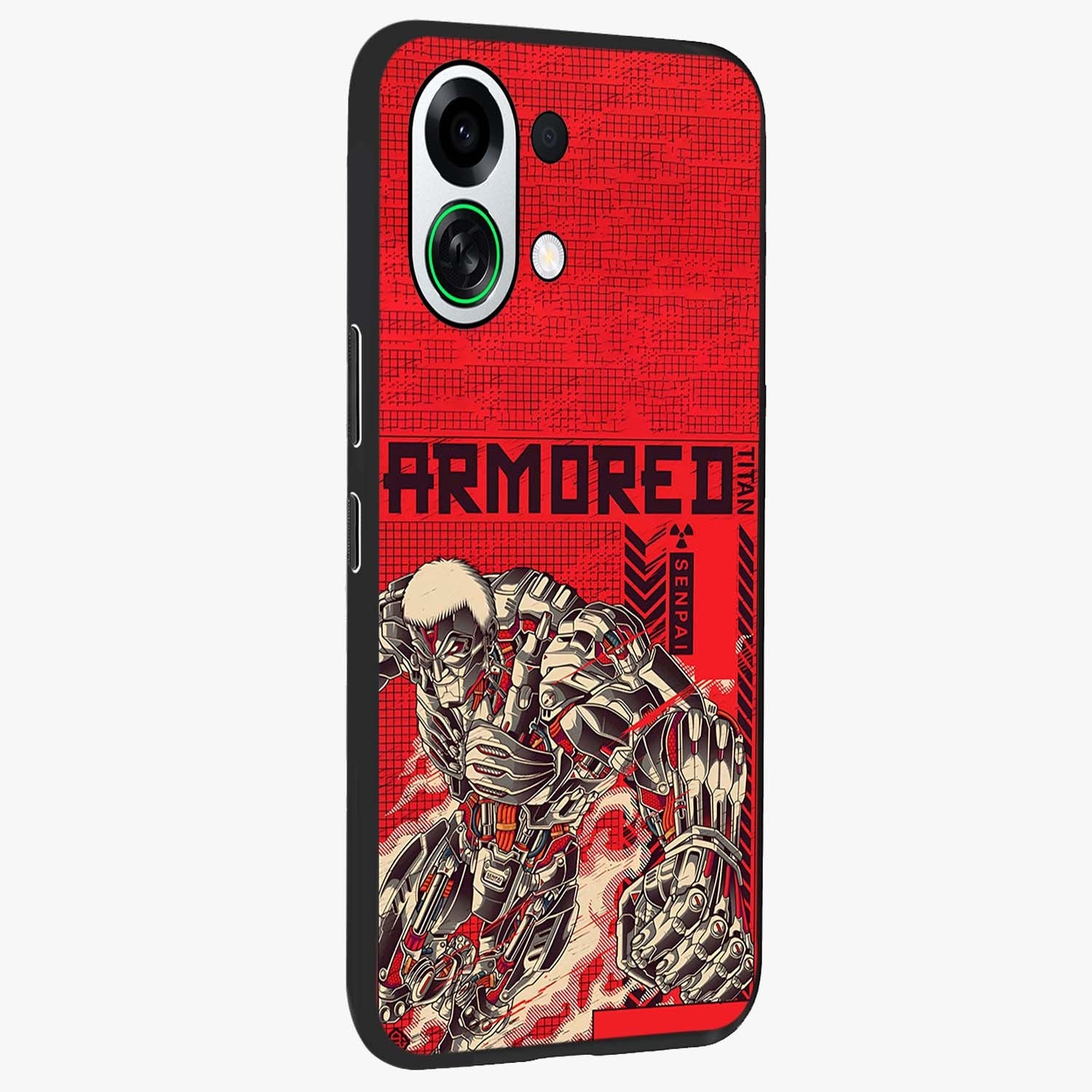 Crimson Mecha Titan Glass Case upright view showcasing dynamic robotic titan design with sci-fi inspired theme.
