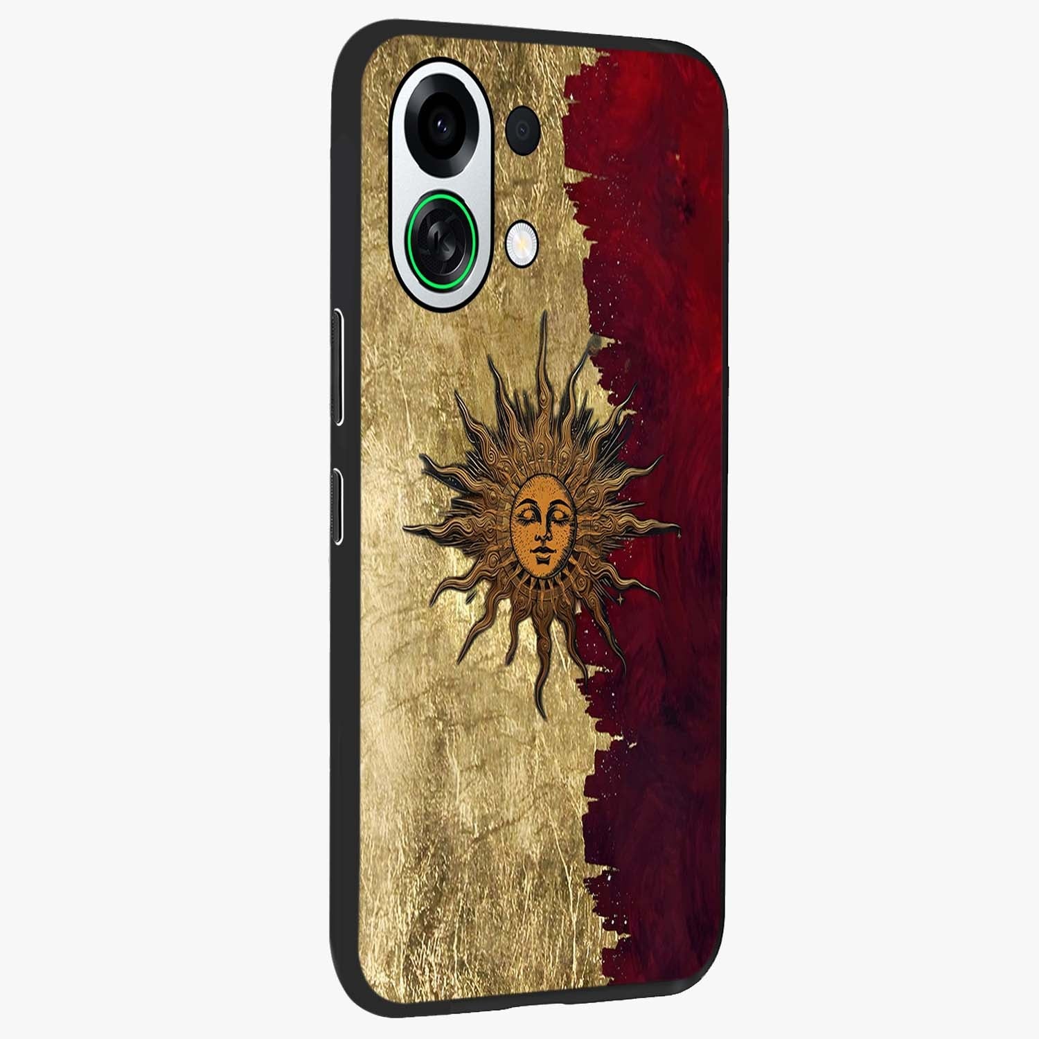 Crimson Sun Majesty Glass Case upright view showcasing vibrant sun artwork with powerful celestial theme.